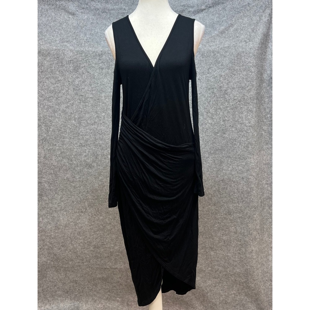 Mikey & Joey Black Cold Shoulder Ruched Wrap Midi Bodycon Dress Party Large